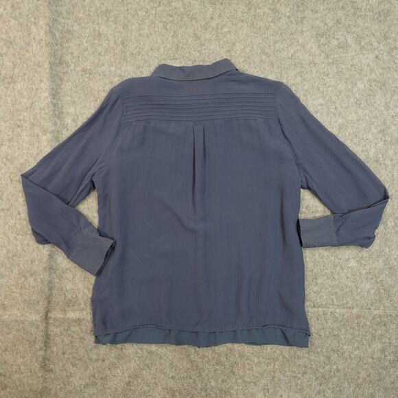 Tory Burch Top Womens 12 Silk Button Front Pintuck Chiffon Harbor Blue Long Slv - Picture 7 of 12